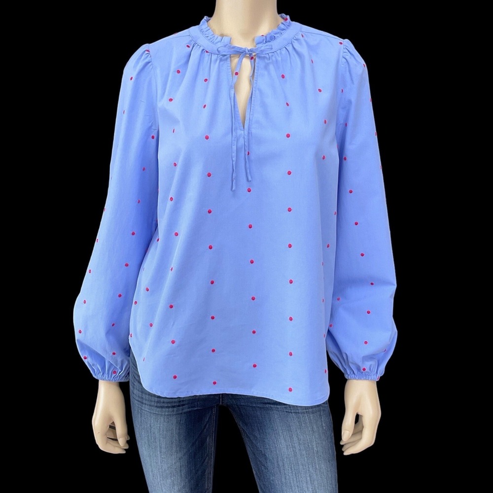LOFT Top Women Small Blue Long Sleeve Blouse Embroidered Popover Cotton